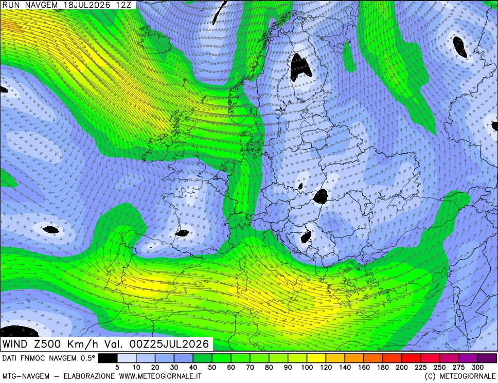 mappa Direzione e forza del vento a 500hPa