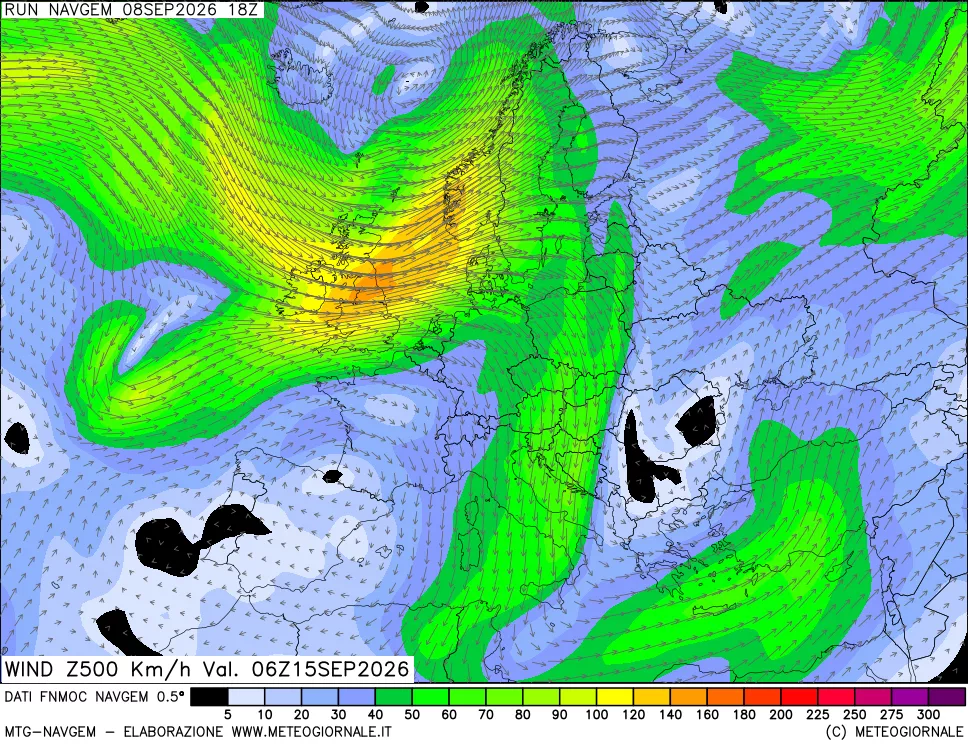 mappa Direzione e forza del vento a 500hPa