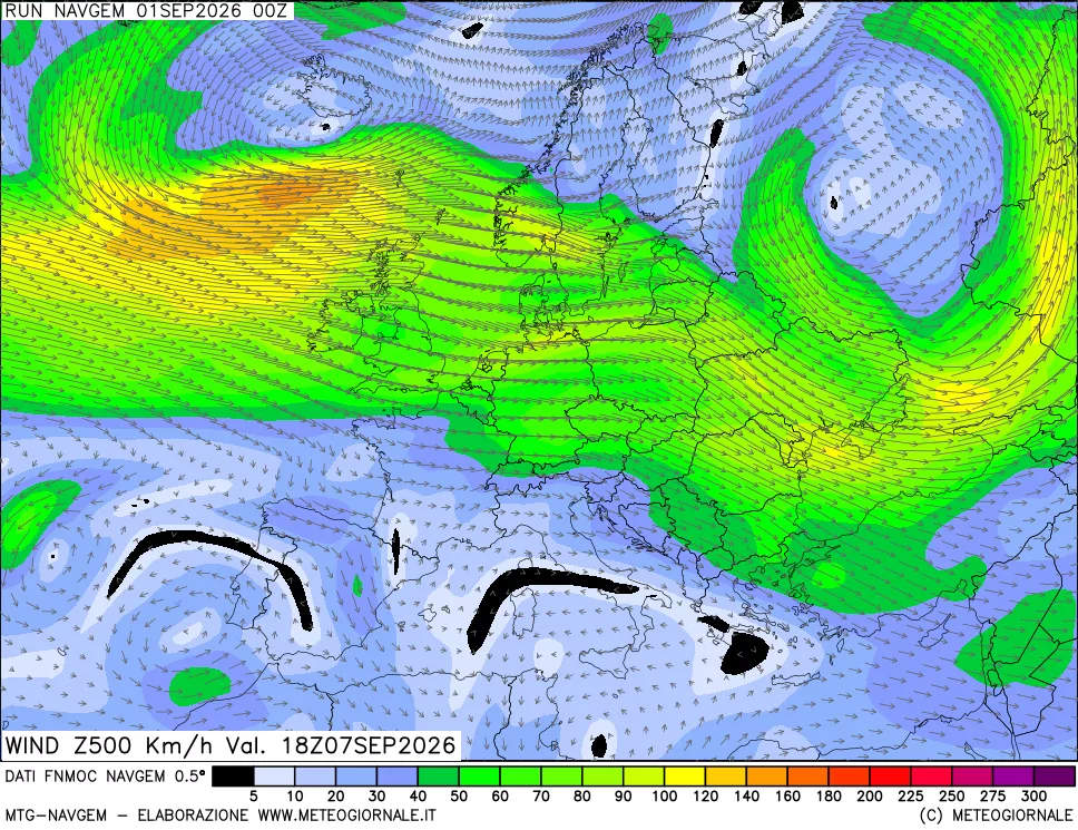 mappa Direzione e forza del vento a 500hPa