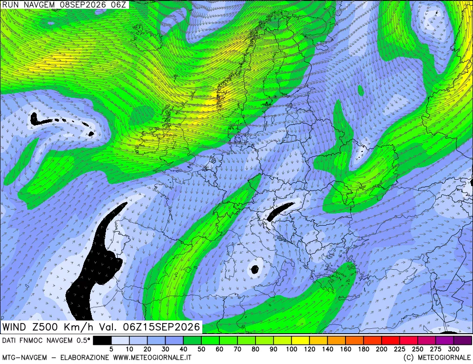 mappa Direzione e forza del vento a 500hPa