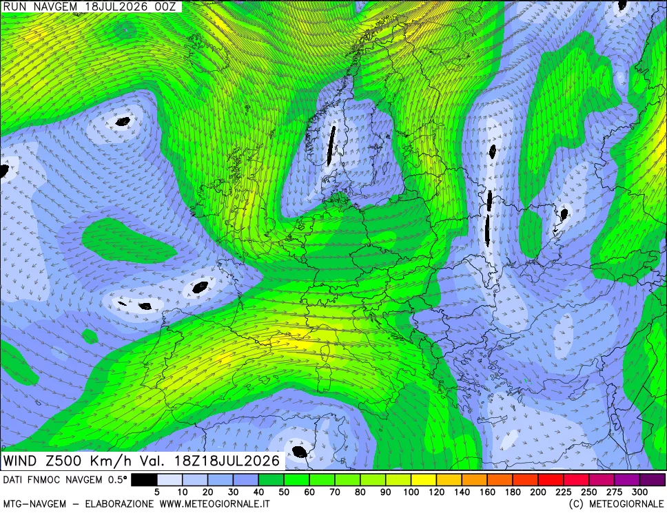 mappa Direzione e forza del vento a 500hPa