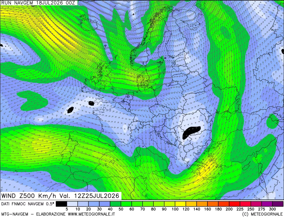 mappa Direzione e forza del vento a 500hPa