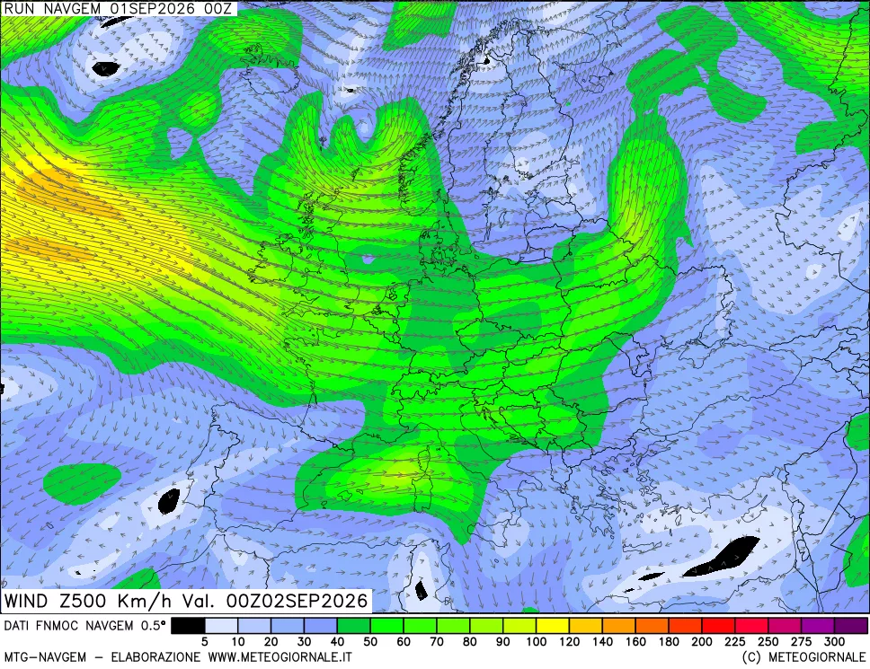 mappa Direzione e forza del vento a 500hPa