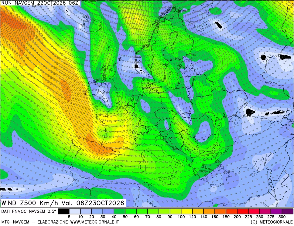 mappa Direzione e forza del vento a 500hPa