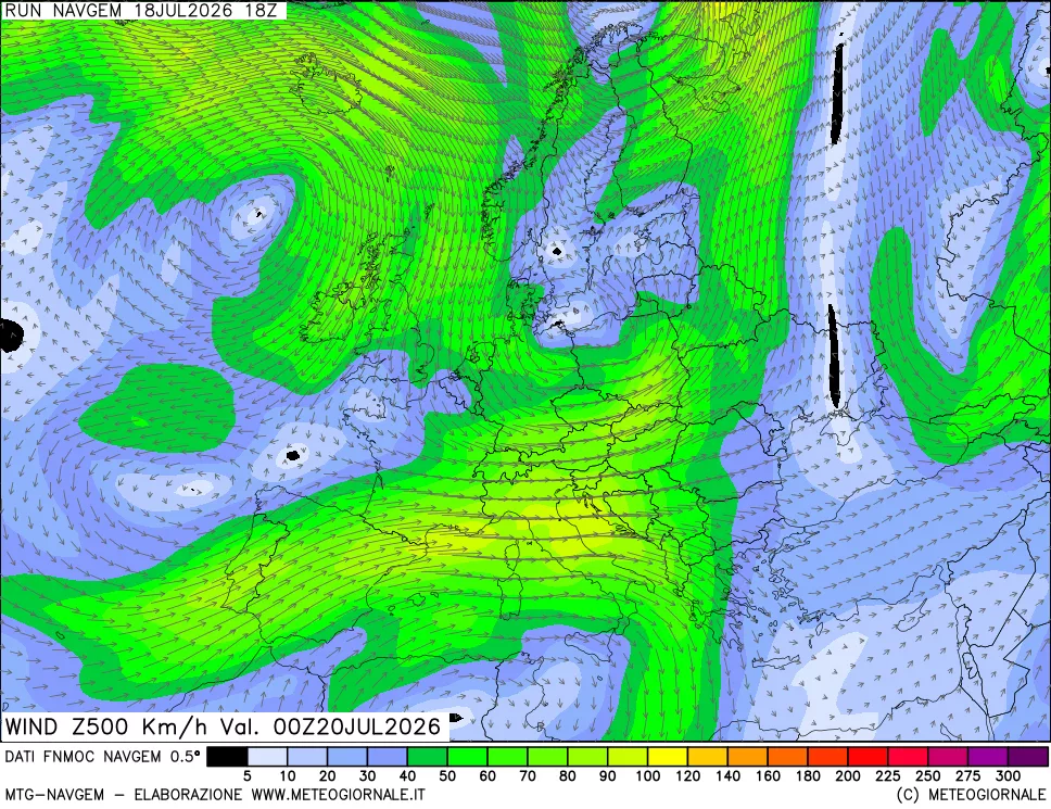 mappa Direzione e forza del vento a 500hPa