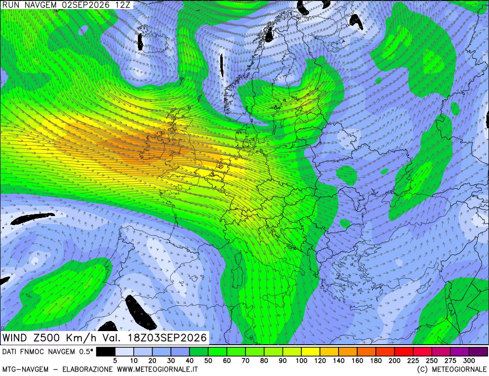 mappa Direzione e forza del vento a 500hPa