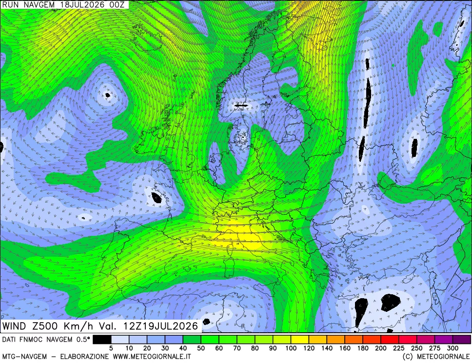 mappa Direzione e forza del vento a 500hPa