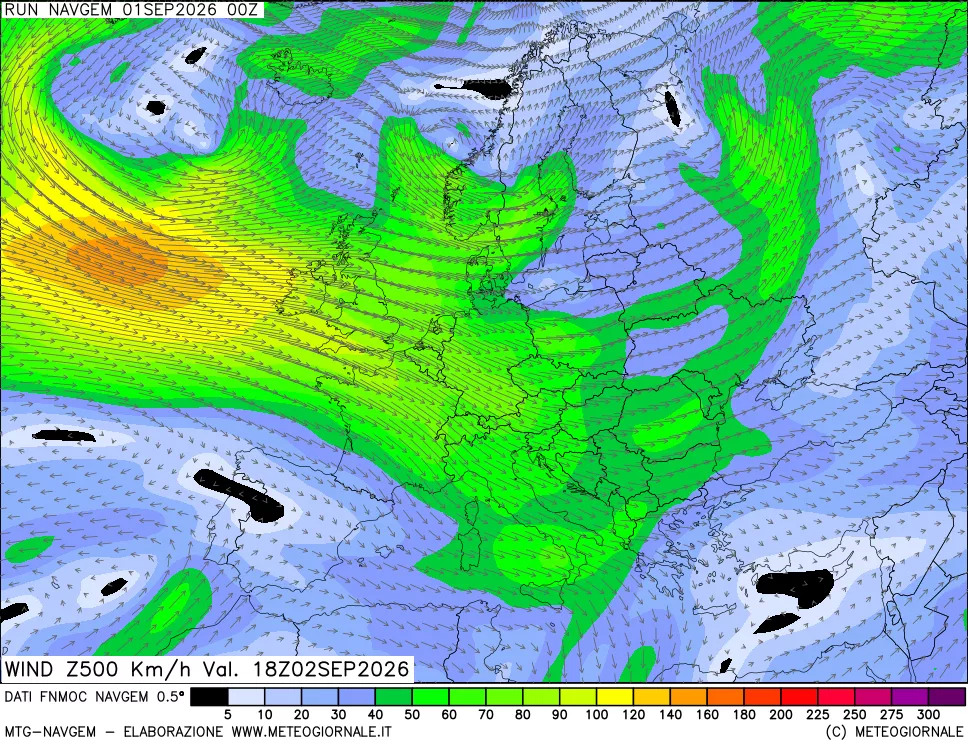 mappa Direzione e forza del vento a 500hPa