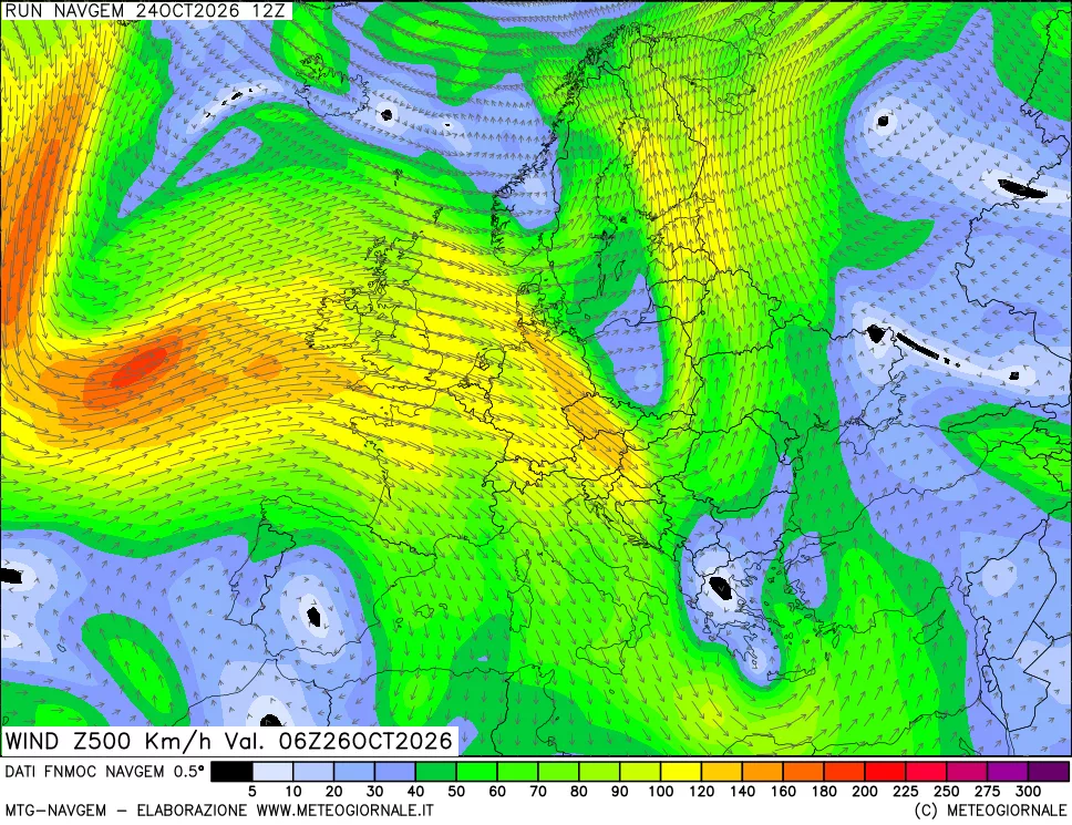mappa Direzione e forza del vento a 500hPa