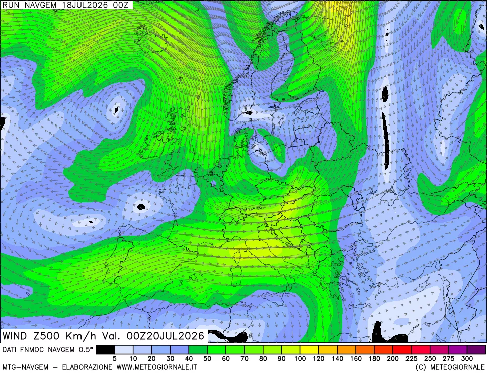 mappa Direzione e forza del vento a 500hPa