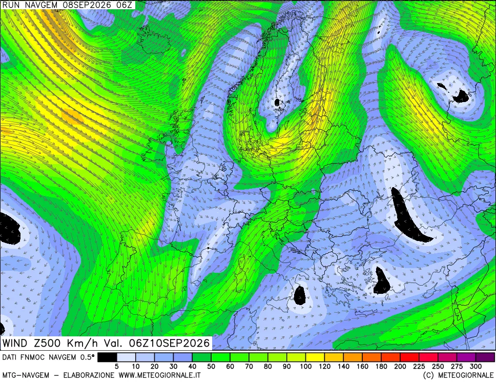 mappa Direzione e forza del vento a 500hPa