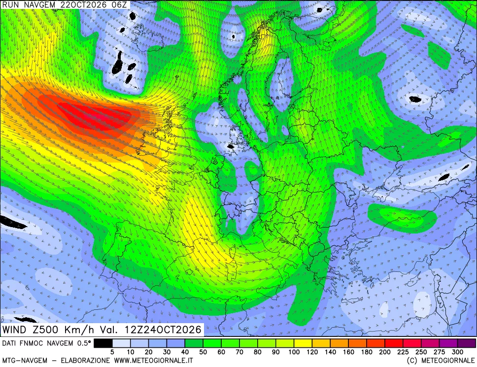 mappa Direzione e forza del vento a 500hPa