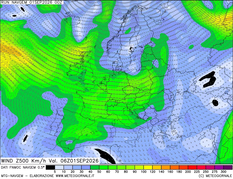 mappa Direzione e forza del vento a 500hPa