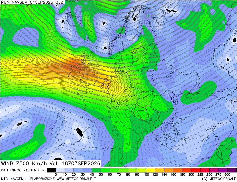 mappa Direzione e forza del vento a 500hPa