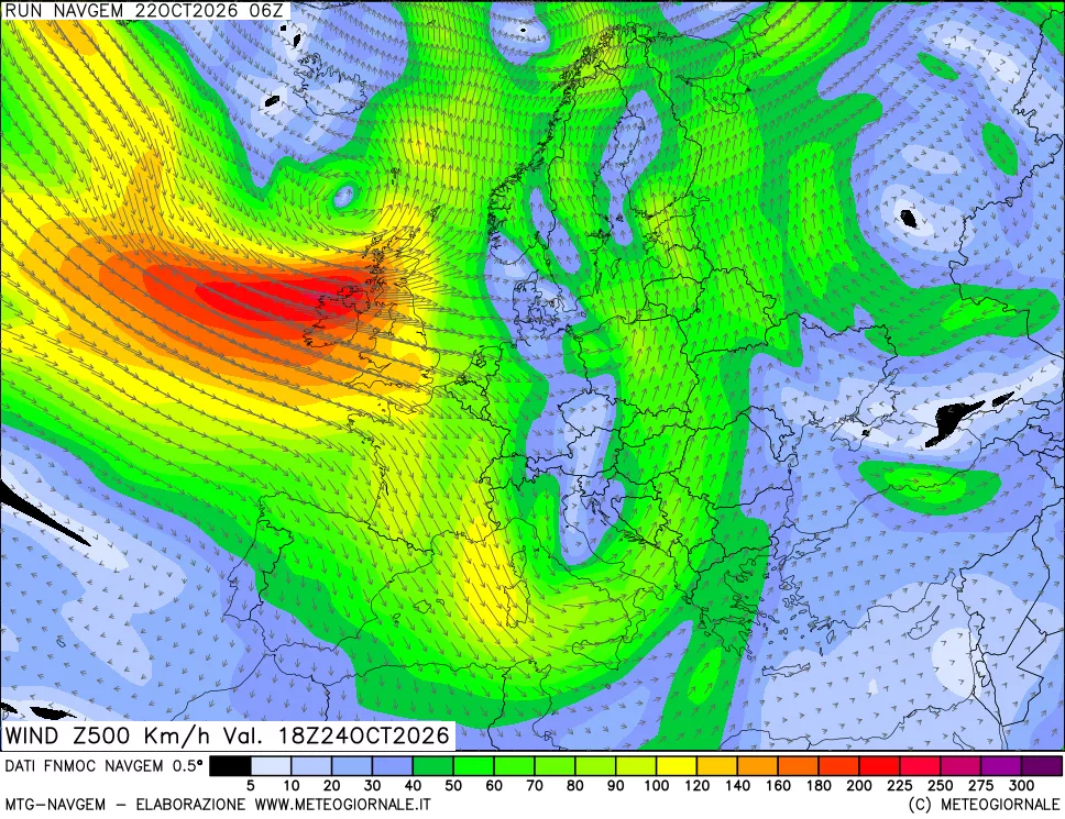 mappa Direzione e forza del vento a 500hPa