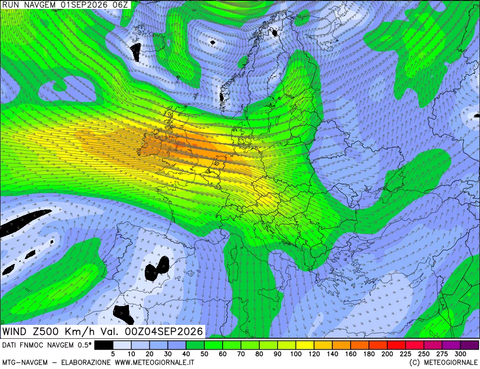 mappa Direzione e forza del vento a 500hPa