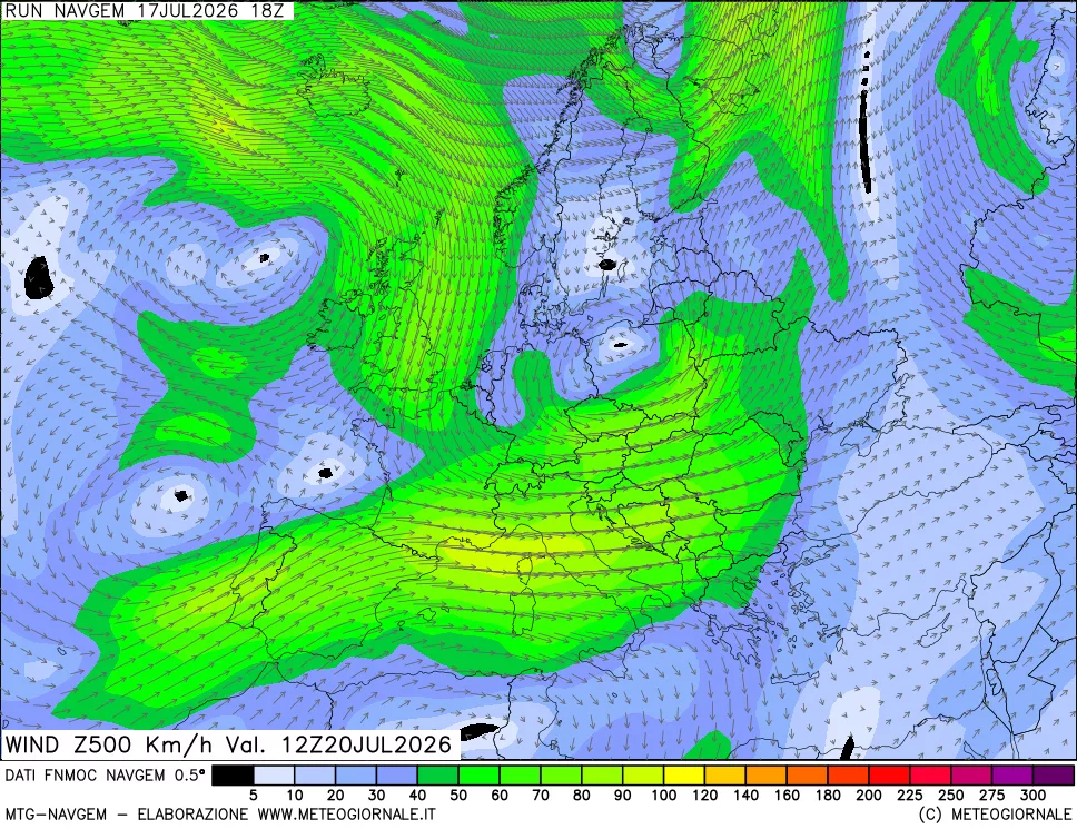 mappa Direzione e forza del vento a 500hPa