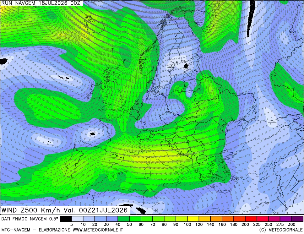 mappa Direzione e forza del vento a 500hPa