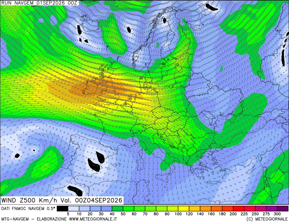 mappa Direzione e forza del vento a 500hPa