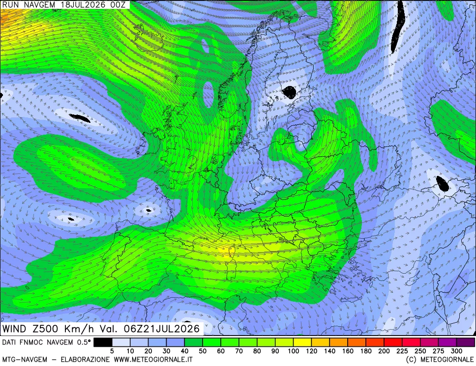 mappa Direzione e forza del vento a 500hPa