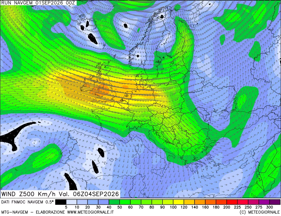 mappa Direzione e forza del vento a 500hPa