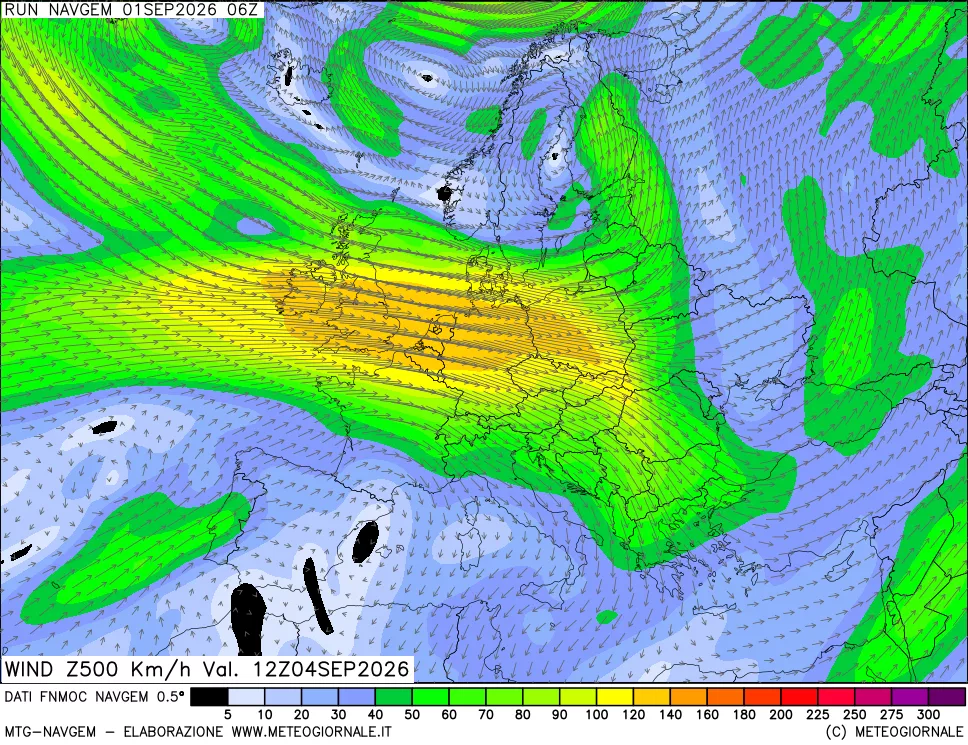 mappa Direzione e forza del vento a 500hPa
