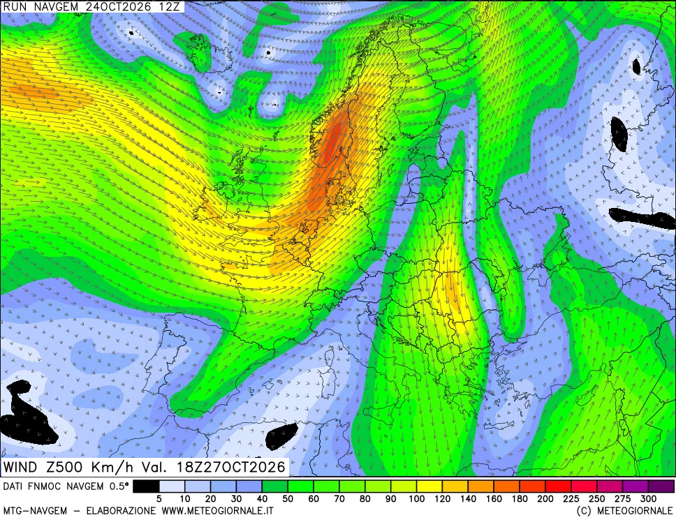 mappa Direzione e forza del vento a 500hPa