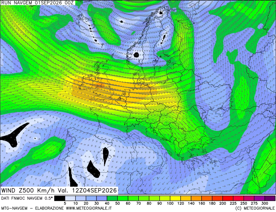mappa Direzione e forza del vento a 500hPa