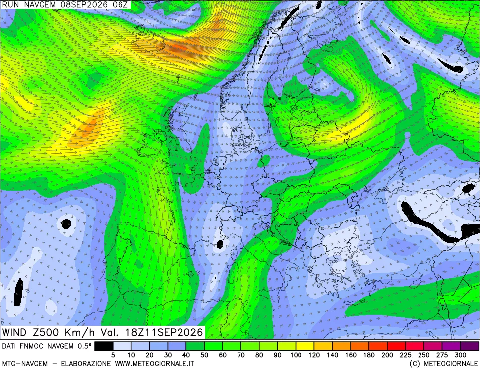 mappa Direzione e forza del vento a 500hPa