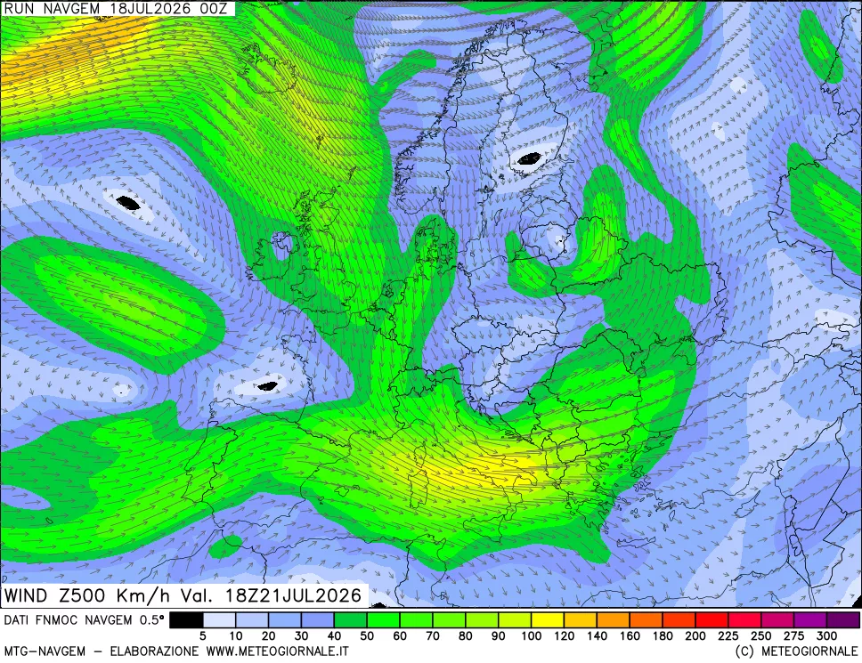 mappa Direzione e forza del vento a 500hPa