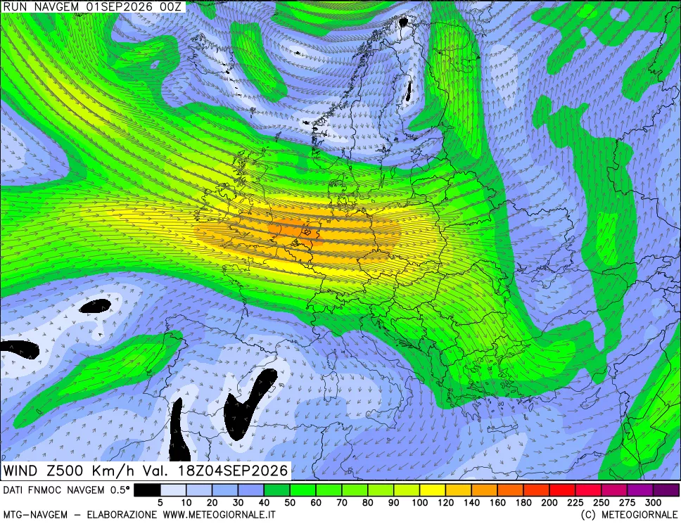 mappa Direzione e forza del vento a 500hPa
