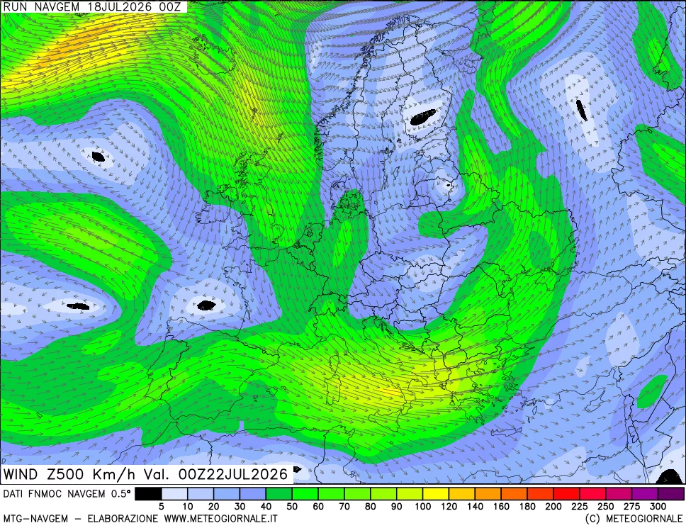 mappa Direzione e forza del vento a 500hPa