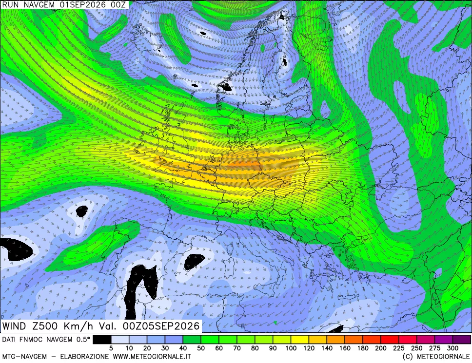 mappa Direzione e forza del vento a 500hPa