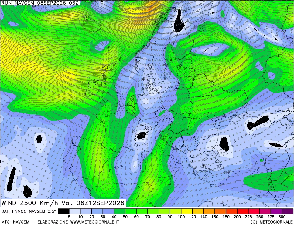 mappa Direzione e forza del vento a 500hPa