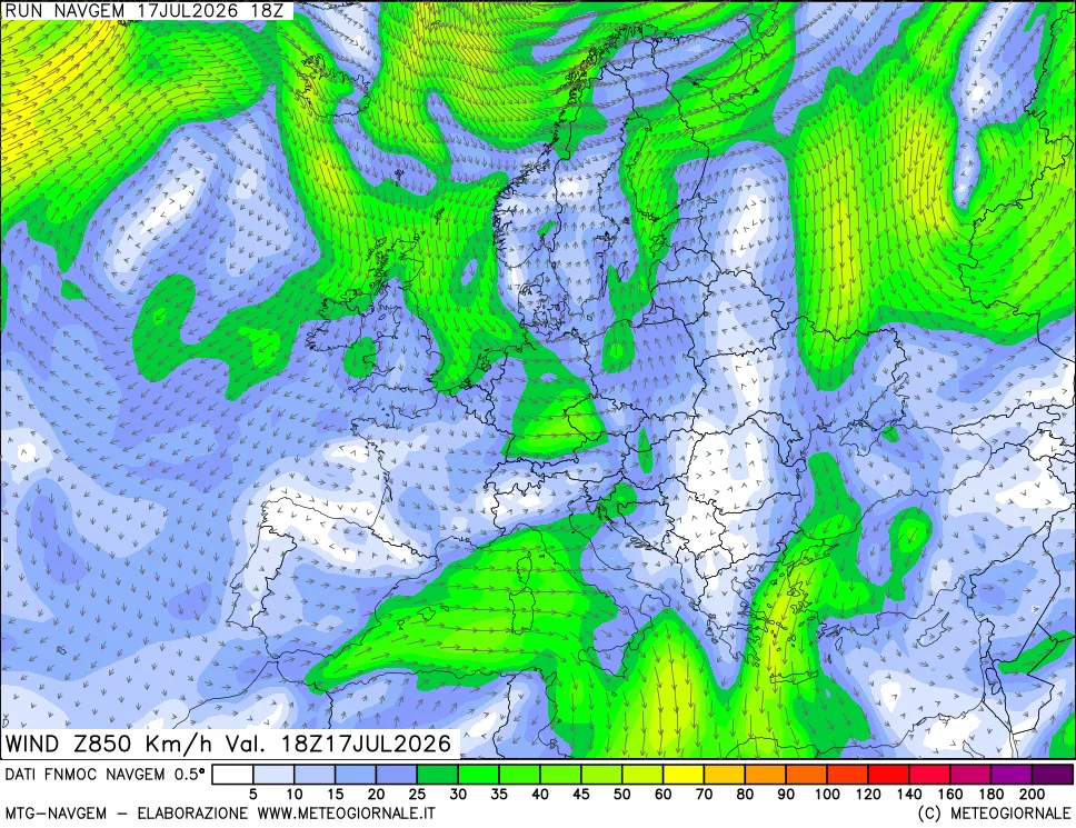 mappa Direzione e forza del vento a 850hPa