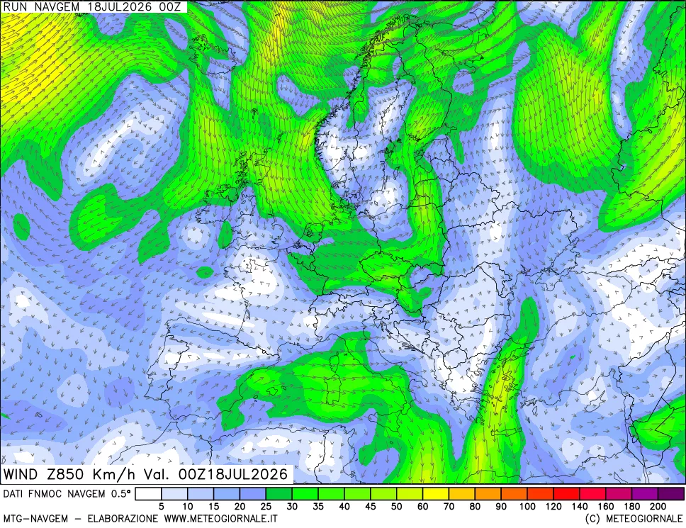 mappa Direzione e forza del vento a 850hPa