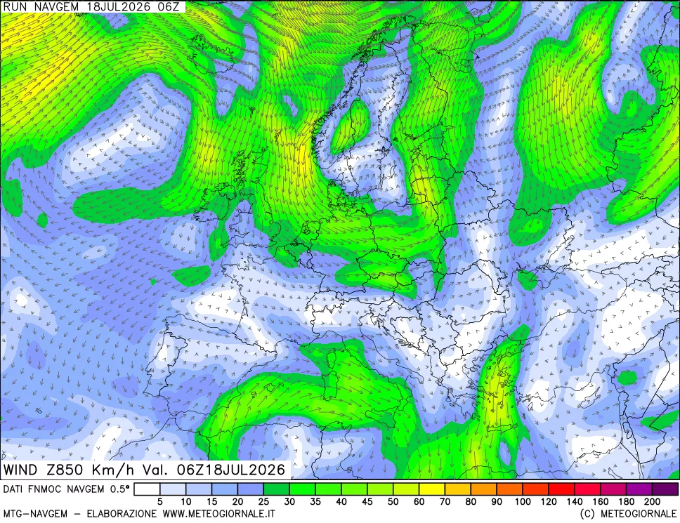 mappa Direzione e forza del vento a 850hPa