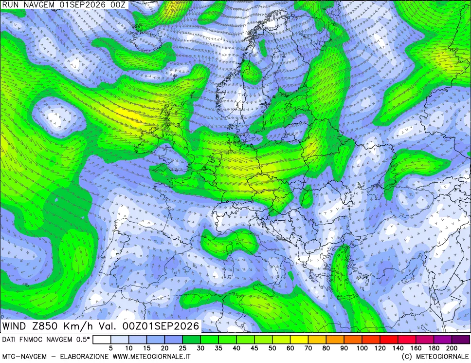 mappa Direzione e forza del vento a 850hPa
