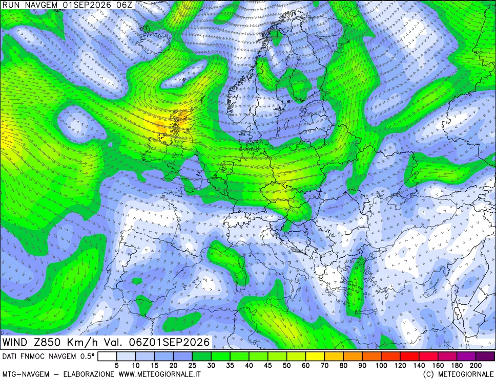 mappa Direzione e forza del vento a 850hPa