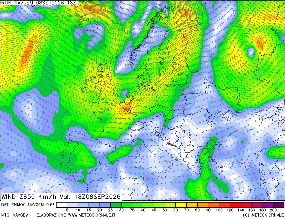 mappa Direzione e forza del vento a 850hPa