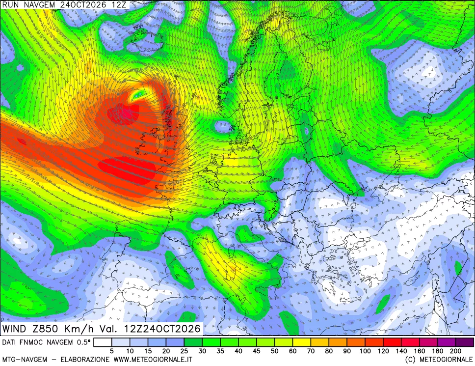 mappa Direzione e forza del vento a 850hPa