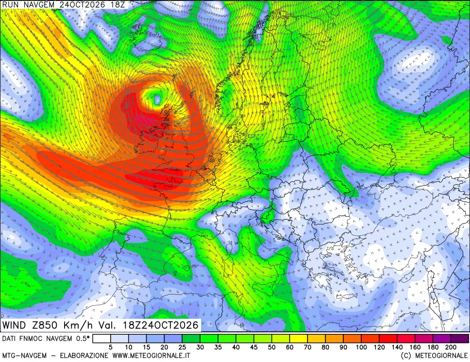 mappa Direzione e forza del vento a 850hPa