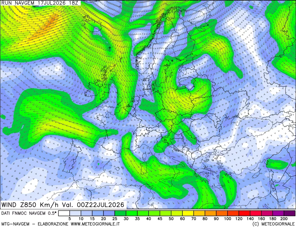 mappa Direzione e forza del vento a 850hPa