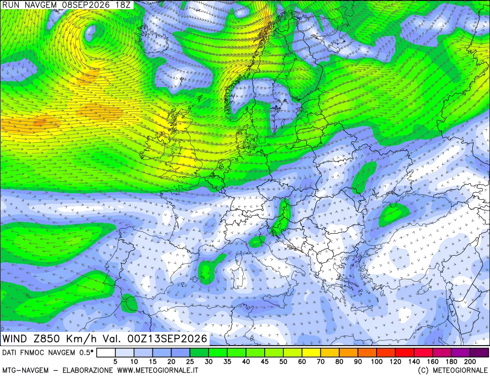 mappa Direzione e forza del vento a 850hPa