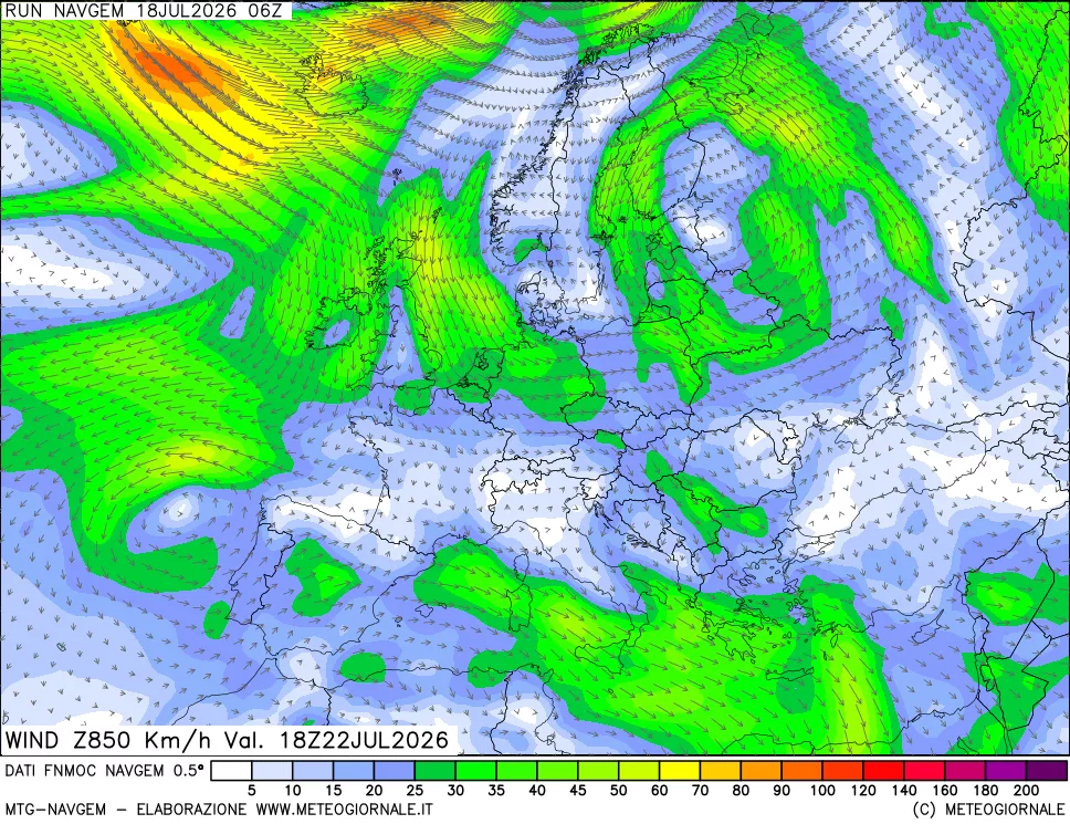 mappa Direzione e forza del vento a 850hPa