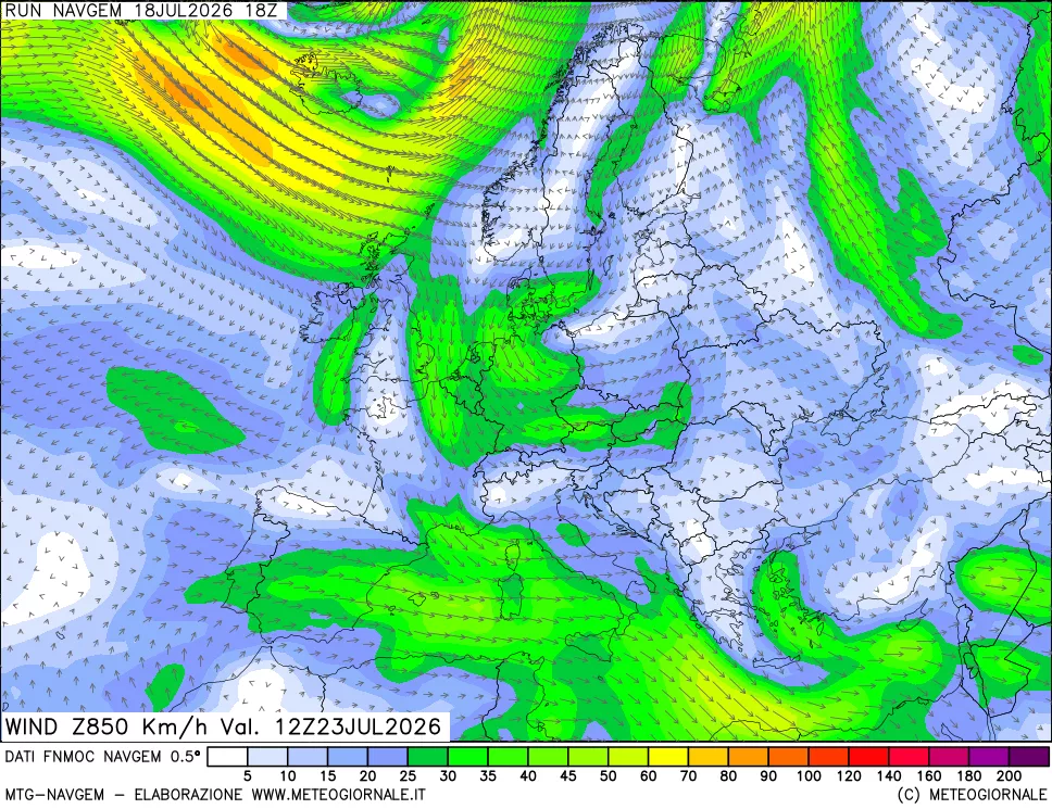 mappa Direzione e forza del vento a 850hPa