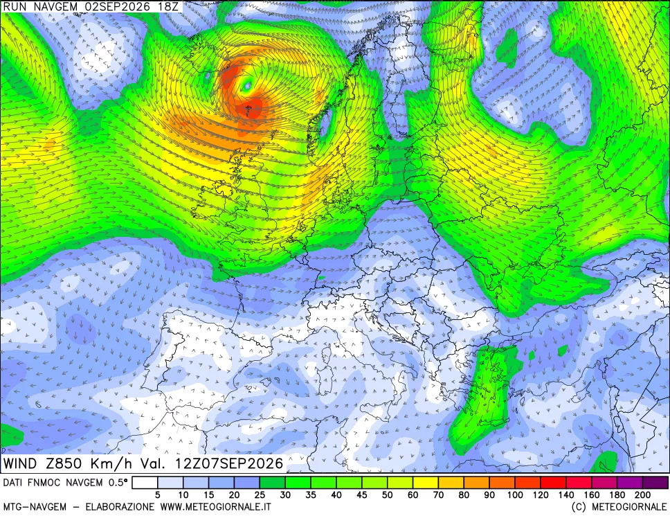 mappa Direzione e forza del vento a 850hPa