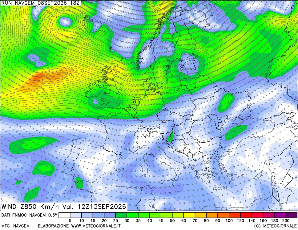 mappa Direzione e forza del vento a 850hPa