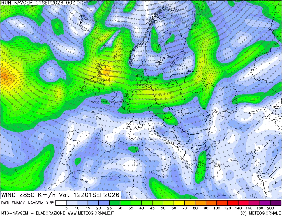 mappa Direzione e forza del vento a 850hPa