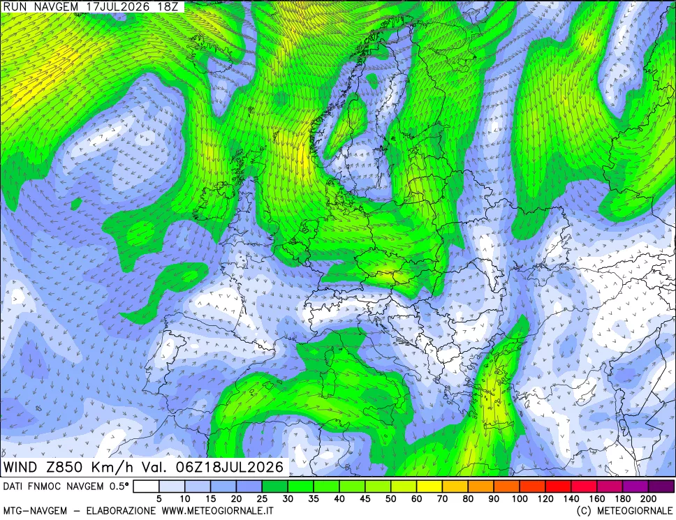 mappa Direzione e forza del vento a 850hPa
